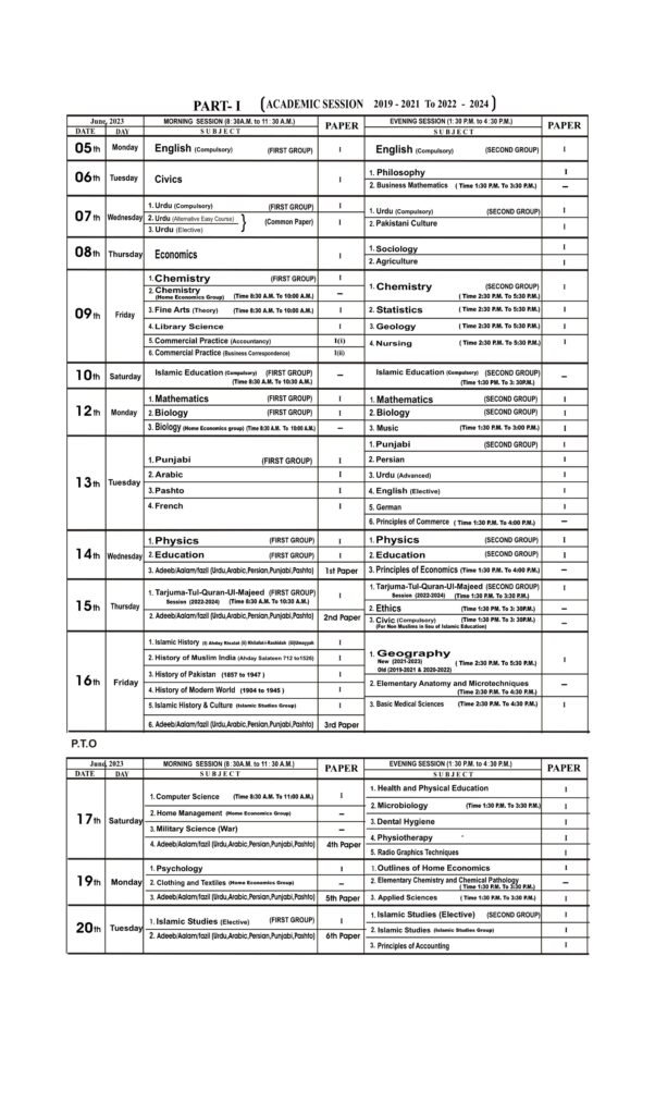 1st Year 11th Class Date Sheet 2024 Sargodha Board