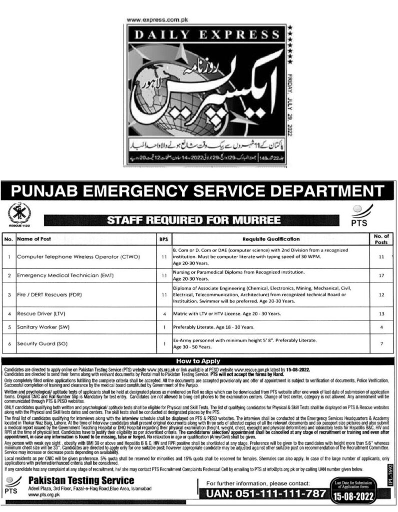 Punjab Rescue 1122 Jobs 2023 Last Date- Apply Online