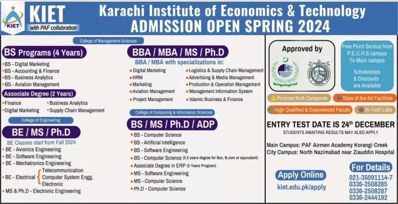 Karachi Institute of Economics and Technology Admission 2024 Last Date