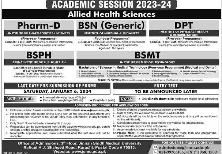 Jinnah Sindh Medical University Karachi Admission 2024 Last Date